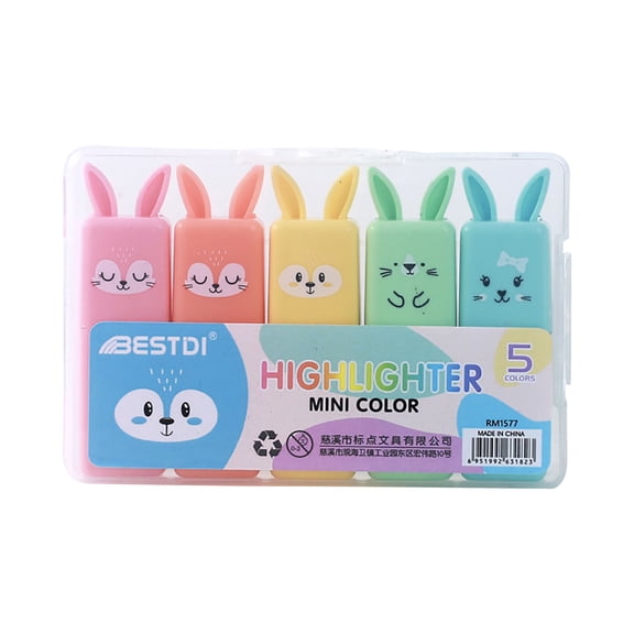 Cute Bunny Mini Highlighter Pen Set, 5-Color Dual Tip Soft Markers for Office Note Taking, Planner Journaling & Desktop Stationery