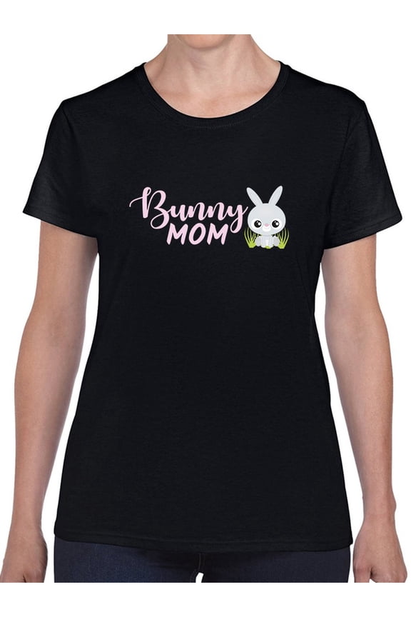 Cute Bunny Mom Graphic Women Black T-Shirt, Female Large