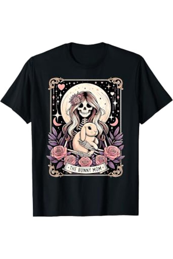 Cute Bunny Mom Tarot Card Skeleton Moon With Stars Women T-Shirt