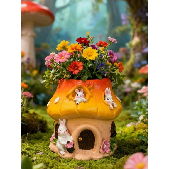 Cute Bunny Mushroom House Planter - Resin Fairy Garden Decor Pot For Indoor/Outdoor Planting, Gift For Plant Lovers