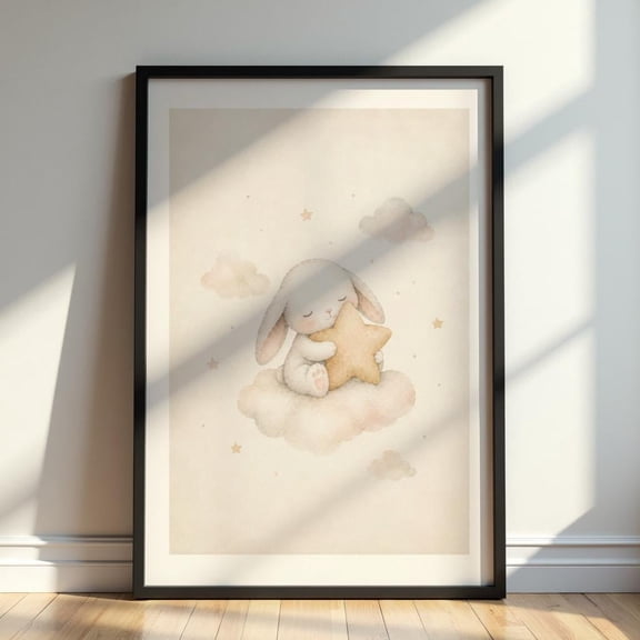 Cute Bunny Nursery Wall Art Print, Sleeping Rabbit Baby Poster, Neutral Cloud Star Kids Room Decor Celestial Animal Artwork, Poster Only