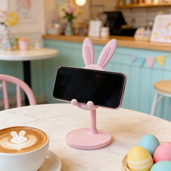 Cute Bunny Phone Stand Adjustable Desktop Holder, Telescopic Height, Stable Base for Cell Phones and Small Tablets, and Student Desk Accessory