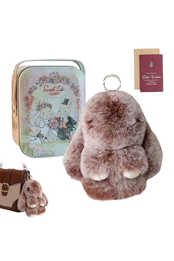 Cute Bunny Plush Keychain with Gift Tin Box, Aesthetic Soft Faux Fur Lulu Rabbit Bag Charm, Handmade Pom Pom Pendant for Girls Women, Gifts