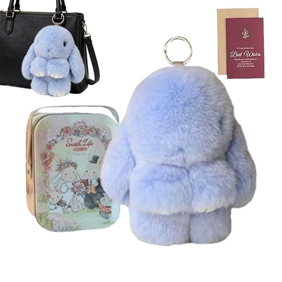 Cute Bunny Plush Keychain with Gift Tin Box, Aesthetic Soft Faux Fur Lulu Rabbit Bag Charm, Handmade Pom Pom Pendant for Girls Women, Gifts