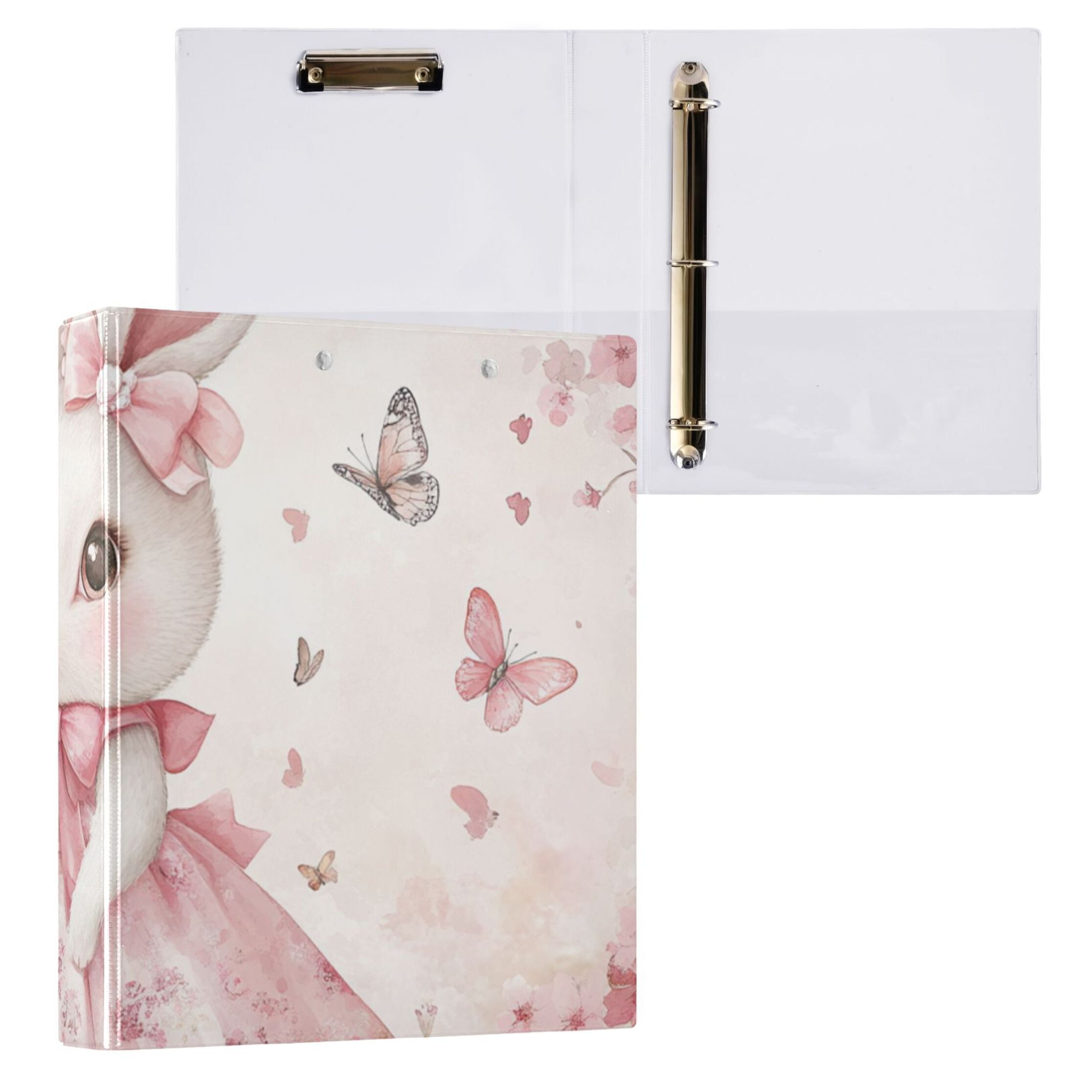 Cute Bunny Princess Flowers 3 Ring Binders 1.5 inch Hardcover File Folders with Interior Pockets A4 Size Organizer for School Office Hospital