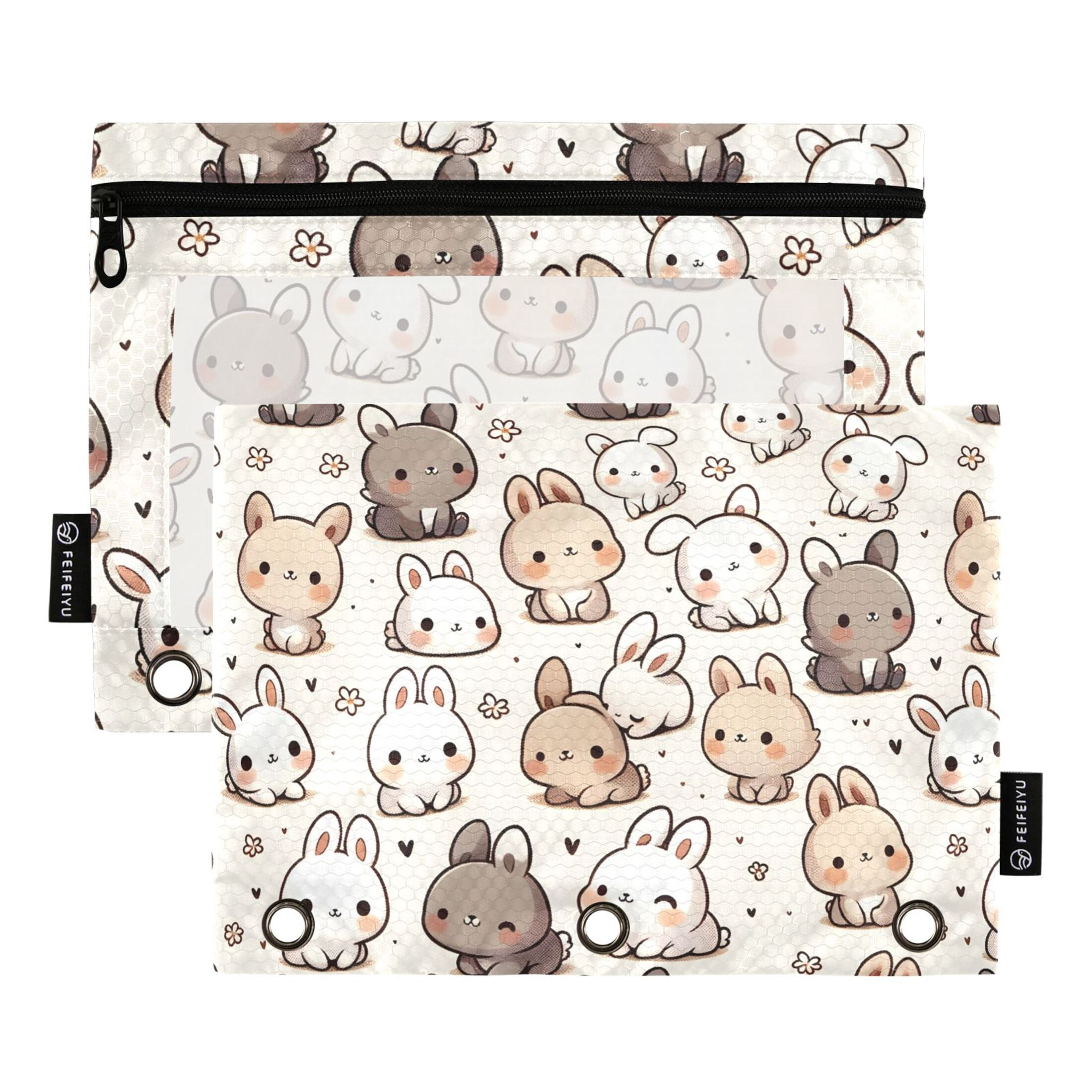 Cute Bunny Rabbit 2 Pack Pencil Pouch for 3 Ring Binder Smooth Zipper ...