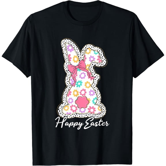 Cute Bunny Rabbit Coquette Bow Floral Girl Happy Easter Day T-Shirt men and women can wear, black, white, gifts