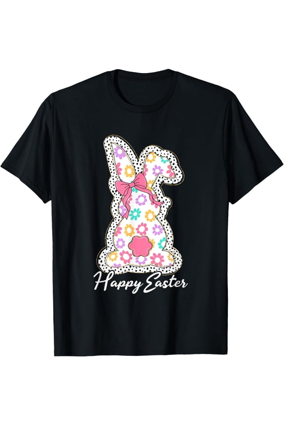 Cute Bunny Rabbit Coquette Bow Floral Girl Happy Easter Day T-Shirt men and women can wear, black, white, gifts