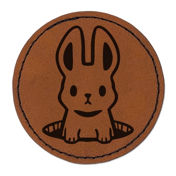 Cute Bunny Rabbit Emerging From Hole Warren Round Iron-On Engraved Faux Leather Patch Applique - 2.5 Inch - Brown