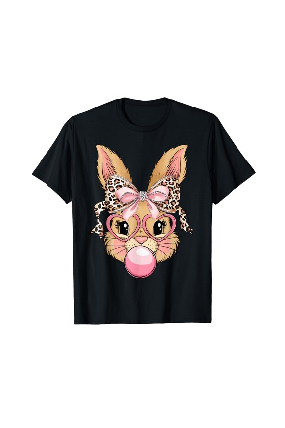 Cute Bunny Rabbit Face Leopard Glasses Happy Easter Day T-Shirt