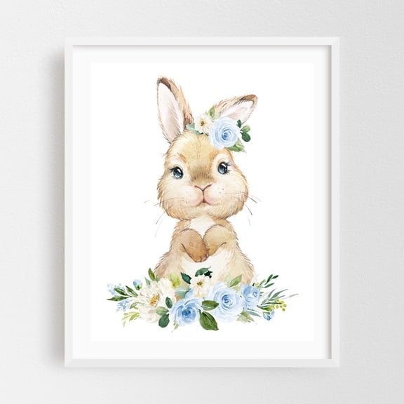 Cute Bunny, Rabbit, Forest Animals, Woodland Animals, Boho, Blue Flowers, Boy Nursery - Illustration Watercolor Animal Floral Whimsical White Framed Wall Art Print 6 x 8 inches