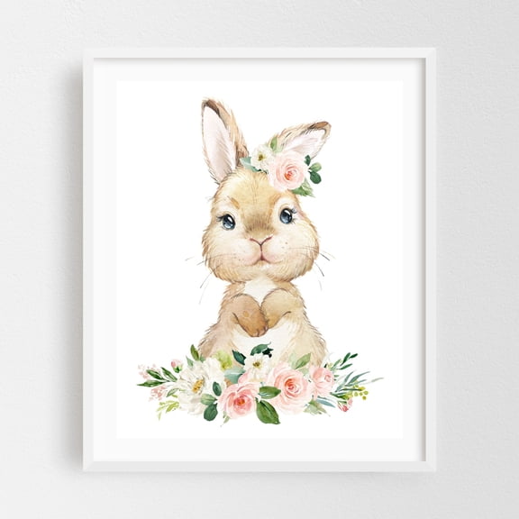 Cute Bunny, Rabbit, Forest Animals, Woodland Animals, Boho, Pink Flowers, Girl Nursery - Illustration Animal Watercolor Floral Whimsical White Framed Wall Art Print 9 x 12 inches