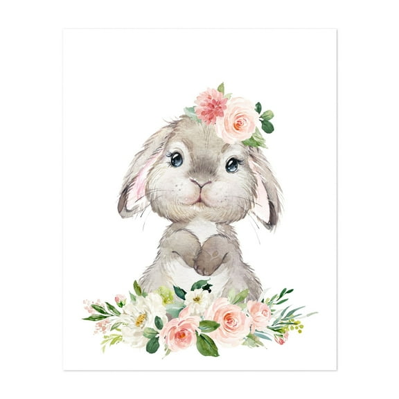 Cute Bunny, Rabbit, Forest Animals, Woodland Animals, Boho, Pink Flowers, Girl Nursery - Illustration Watercolor Animal Floral Whimsical Unframed Wall Art Print 6 x 8 inches