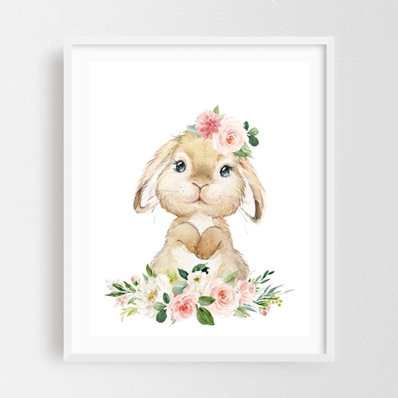 Cute Bunny, Rabbit, Forest Animals, Woodland Animals, Boho, Pink Flowers, Girl Nursery - Illustration Watercolor Floral Animal Whimsical White Framed Wall Art Print 8 x 10 inches