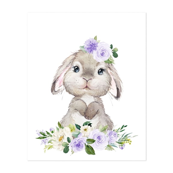 Cute Bunny, Rabbit, Forest Animals, Woodland Animals, Boho, Purple Flowers, Gender Neutral Nursery - Illustration Animal Watercolor Floral Whimsical Unframed Wall Art Print 22 x 28 inches
