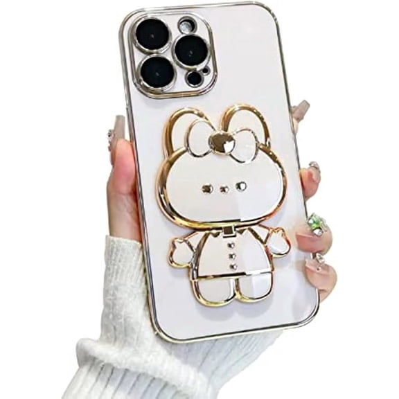 Cute Bunny Rabbit Hidden Stand Mirror Design, 3D Mirror Glitter Girly Soft Silicone Phone Case with Camera Cover Shockproof Rabbit Bracket for Women Girls(White,14)