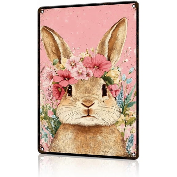 Cute Bunny Rabbit Metal Tin Sign Easter Wall Art Rabbit Decor Spring Decor Easter Primitive Country Decor Bunny Art for Home Living Bedroom Room Kitchen 8x12 inch