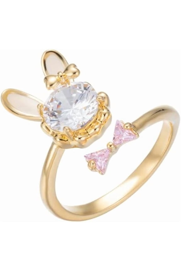 Cute Bunny Rabbit Ring for Women CZ Crystal Pink Bow Wrap Finger Band Animal Open Statement Ring Promise Eternity Rings Wedding Band Dainty Jewelry