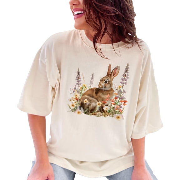 Cute Bunny Rabbit with Wildflowers T-Shirt, Adorable Animal Art Tee, Nature Inspired Shirt, Spring Floral Rabbit Graphic Tee, Ivory Comfort Colors T-Shirt, Small
