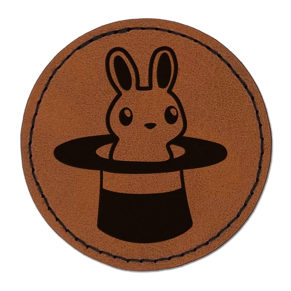 Cute Bunny Rabbit in Magician Hat 2.5" Faux Leather Round Engraved Iron-On Patch - Brown