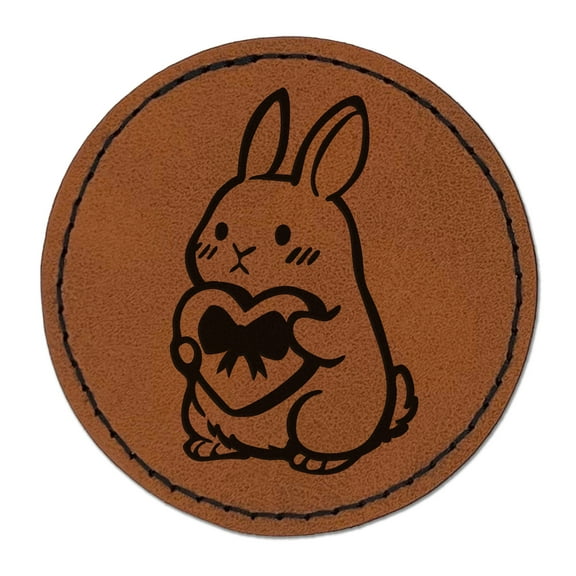 Cute Bunny Rabbit with Valentine's Day Heart 2.5" Faux Leather Round Engraved Iron-On Patch - Brown
