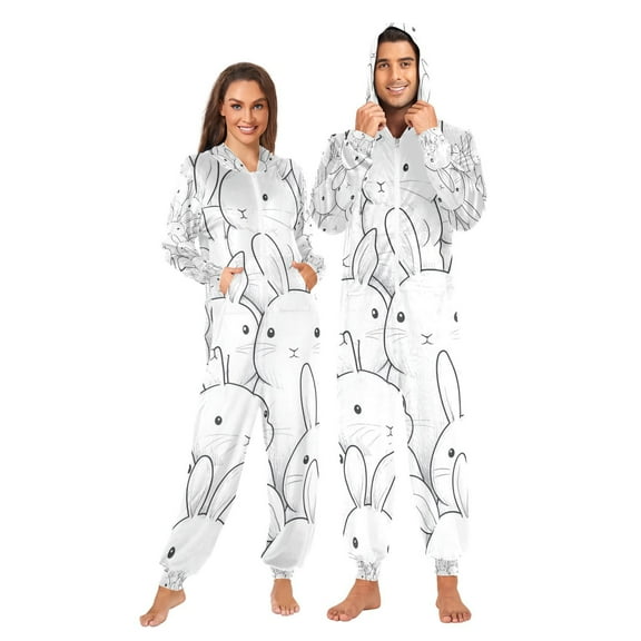 Cute Bunny Rabbits Adult Onesie Pajamas Slim Fit Christmas One Piece Suit Pjs for Women and Men Hooded Zipper