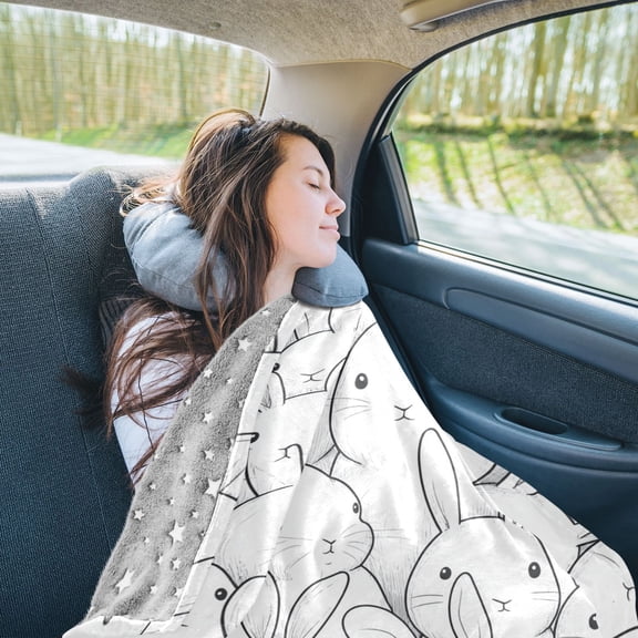 Cute Bunny Rabbits Travel Blanket Pillow Compact Foldable Airplane Throw Blanket with Trolley Sleeve for Travel Camping