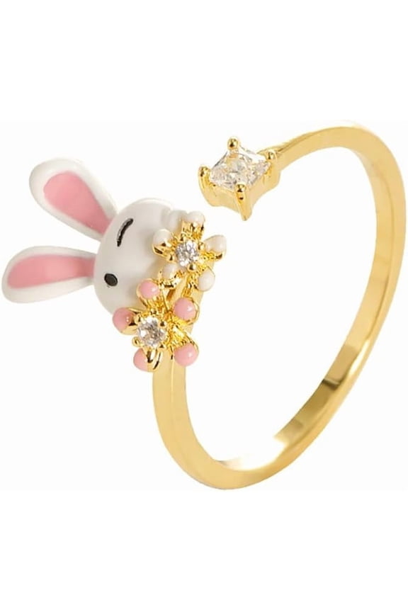 Cute Bunny Ring with CZ Crystal Daisy Flower Wrap Finger Ring Open Statement Rings Adjustable Finger Band Promise Eternity Rings for Easter