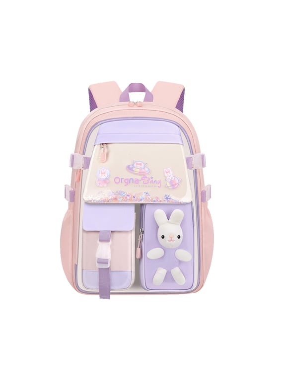Cute Bunny School Backpack for Girls, Lightweight Breathable Kids Bookbag with Plush Rabbit Doll, Large Capacity Elementary School Student Backpack for Daily School Travel