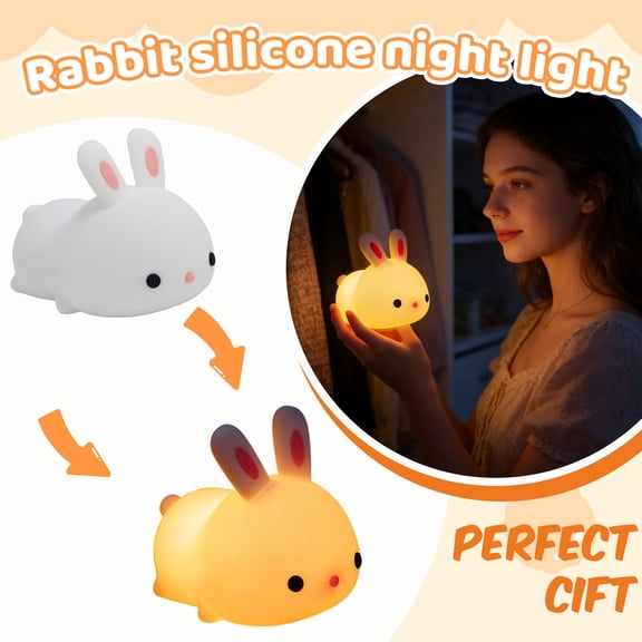 Cute Bunny Silicone Tap Night Light, Touch Activated Rechargeable Lamp with Soft Light, for Home, Bedroom, Bathroom, Nursery