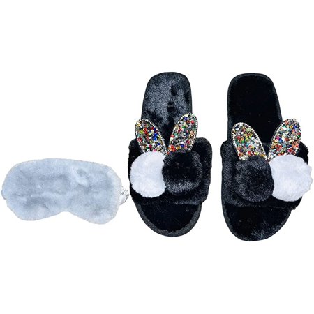 Cute Bunny Slippers and Sleep Mask Set! Cozy Rabbit Ear Slides with Fuzzy Eye Mask Included! Rhinestone Detail Ears! Perfect for Cozy Sleep Filled Nights or Days at Home! (Small)