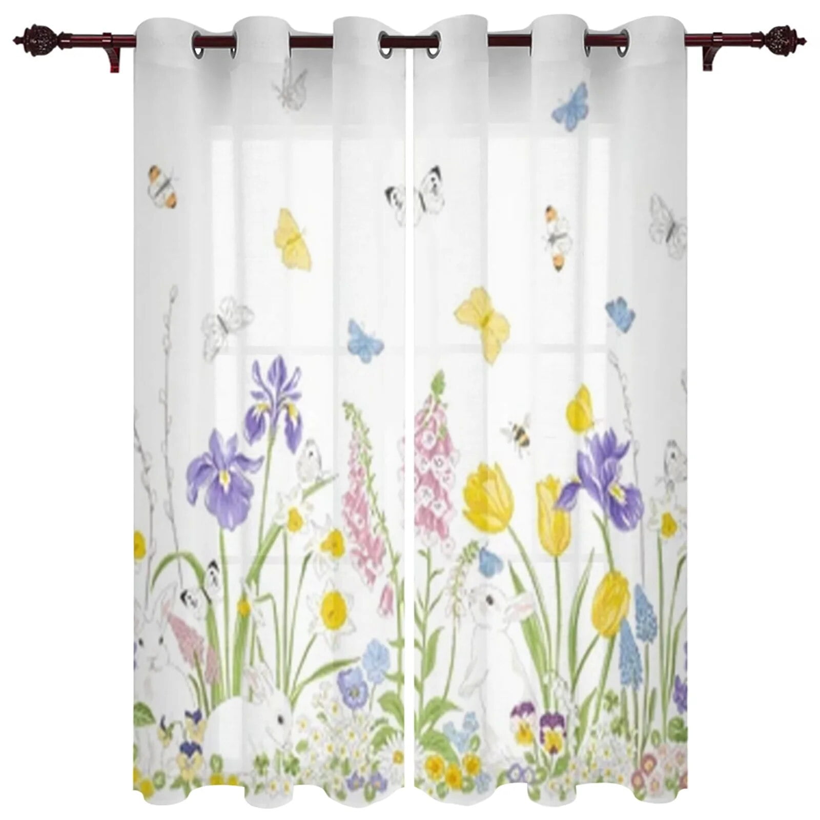 Cute Bunny Spring Bloom Flowers Window Curtains For Living Room Luxury