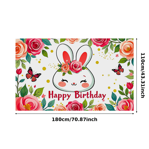 Cute Bunny Themed Happy Birthday Banner with Floral Butterfly Elements Party Backdrop Background for Birthday Party Decorations Photography Props Celebrations