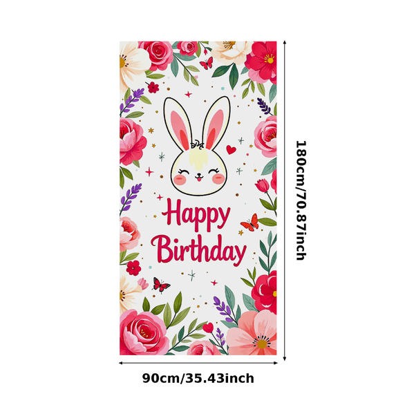 Cute Bunny Themed Happy Birthday Banner with Floral Butterfly and Star Elements Backdrop Party Supplies for Birthday Parties Photography Props Photo Booth Decorations