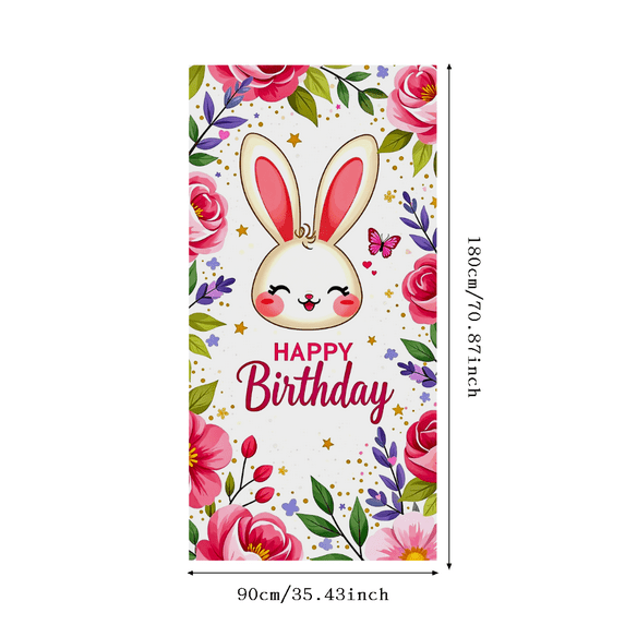 Cute Bunny Themed Happy Birthday Banner with Floral Butterfly and Star Elements Backdrop Party Supplies for Birthday Parties Photography Props Photo Booth Decorations