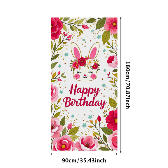 Cute Bunny Themed Happy Birthday Banner with Floral Decorations Background Backdrop Party Supplies Photography Props Birthday Decoration Party Decorations