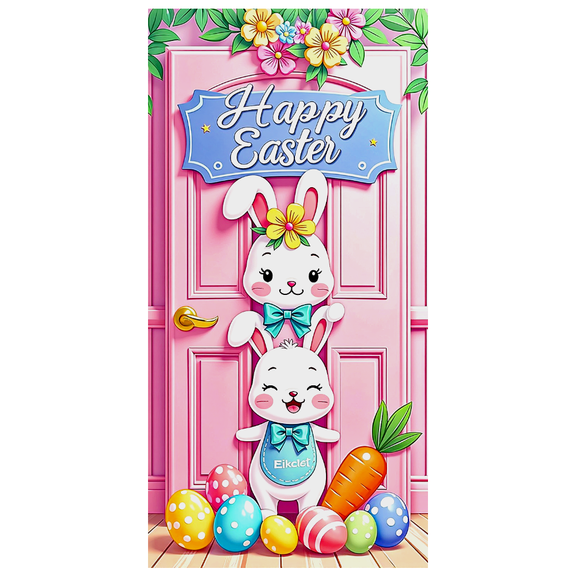 Cute Bunny Themed Happy Easter Banner Background Party Decors Backdrop for Easter Celebrations Family Gatherings Egg Hunts Photo Booths