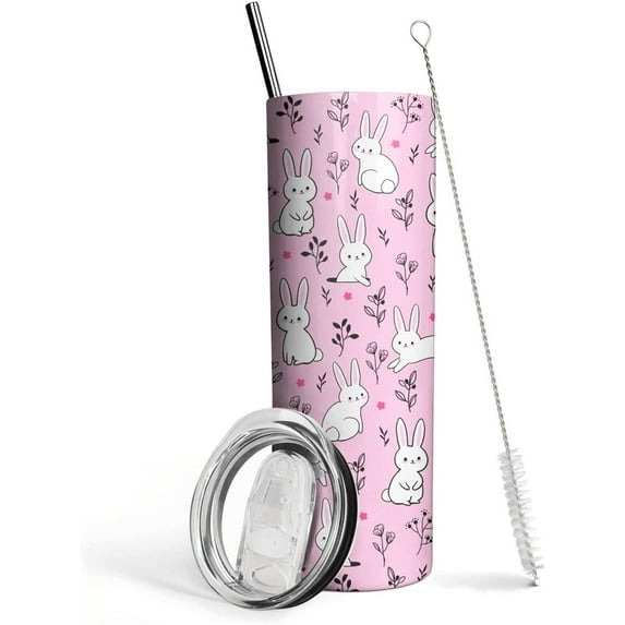 Cute Bunny Tumbler with Lid and Straw- Bunny Gifts for Women Girls- Pink Kawaii Rabbit Bunny Coffee Mug, Cups, Skinny Tumbler, Water Bottle- Thermal Insulated Tumblers 20 Oz -Birthday, Easter Gifts
