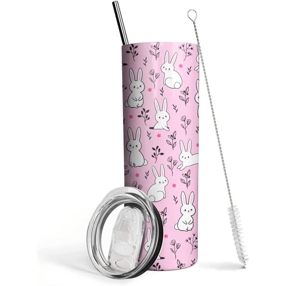 Cute Bunny Tumbler with Lid and Straw- Bunny Gifts for Women Girls- Pink Kawaii Rabbit Bunny Coffee Mug, Cups, Skinny Tumbler, Water Bottle- Thermal Insulated Tumblers 20 Oz -Birthday, Easter Gifts