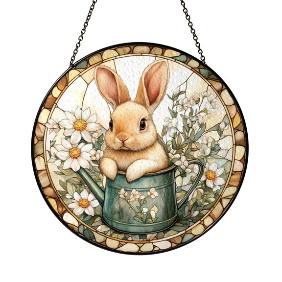 Cute Bunny Watering Plants Stained Glass Style Suncatcher Window Hanging Decor, Spring Garden Decorative Glass Panel Art for Window Decoration