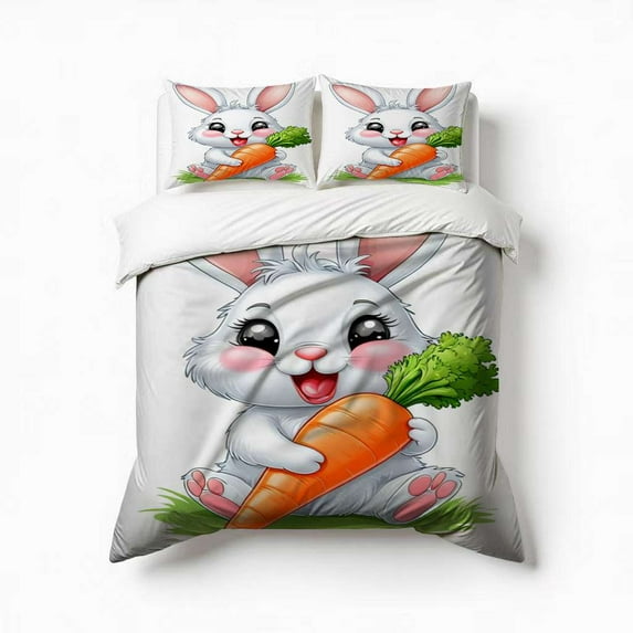 Cute Bunny With Carrot Bedding Set 3 Pcs Soft Microfiber Quilt Cover For Bedroom Decor, Comforter Cover With 2 Pillowcase