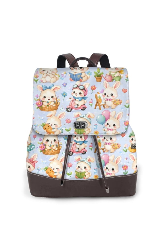 Cute Bunny Women's Leather Backpack All-Over Print Bag for Work and Travel