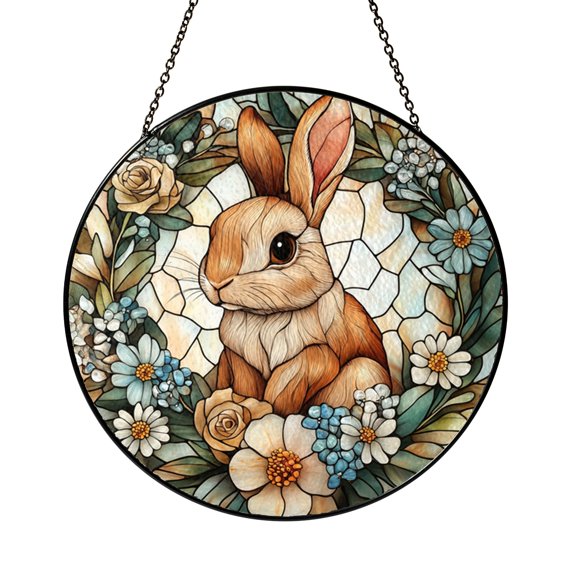 Cute Bunny Wreath Stained Glass Style Window Suncatcher Hanging Decor, Spring Decorative Glass Panel Art for Seasonal Window Ornament
