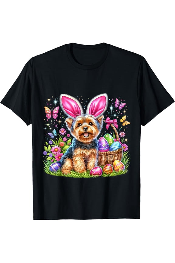 Cute Bunny Yorkshire Terrier Dog Easter Eggs Basket Men Women T-Shirt