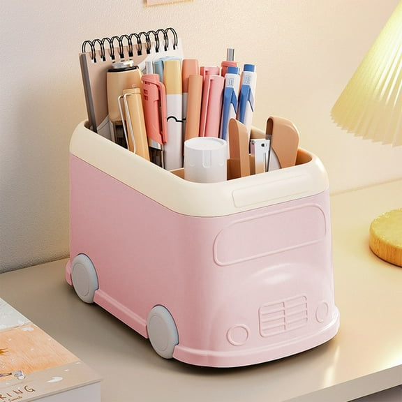 Cute Bus Desktop Pen Stand — Fashion Office Student Desk Storage Stationery Organizer | Pink Blue 7.48x4.72x4.33 Inch Extra Large Capacity