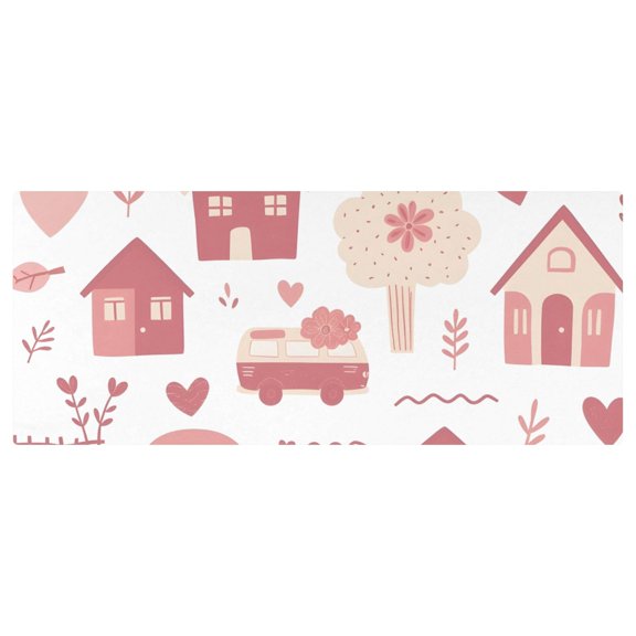 Cute Bus and House Stretch Fitted Tablecloth 2.5x6ft Elastic Wrinkle Resistant Cover