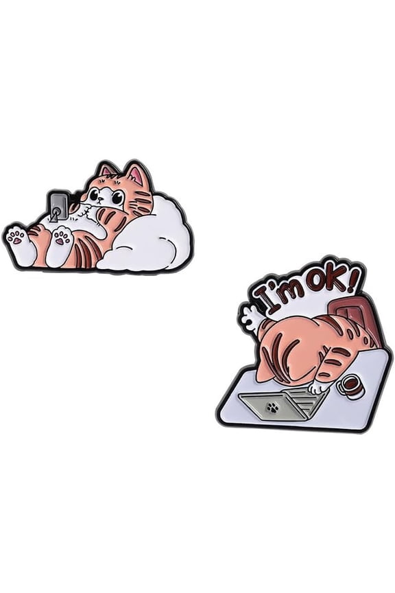 Cute Busy Cat Enamel Brooch Lapel Pin for Women Men Make Money Kitten Animal Pet Computer Cell Phone Badge Pins Collar Dress Suit Hat Jeans Backpack Brooches Fashion Jewelry Clothing Accessories 2Pcs