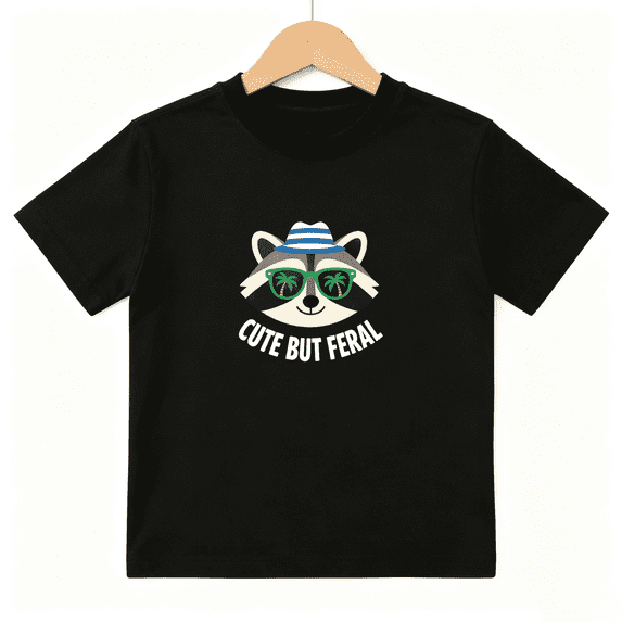 Cute But Feral Boys Graphic Tee, Summer Vacation Raccoon 100% Cotton Kids Short Sleeve T-Shirt