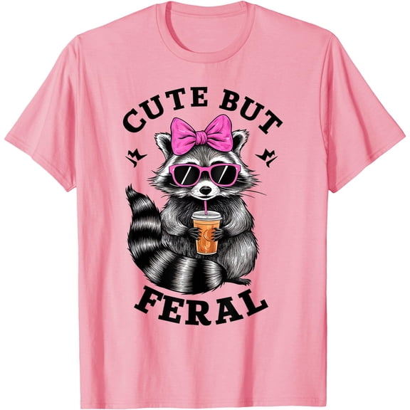 Cute But Feral Funny Colorful Raccoon With Sunglasses Racoon Unisex T-Shirt for Men Women Kids Toddler,Light Pink Color,Size 4XL