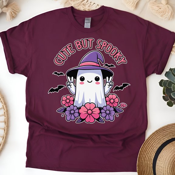 Cute But Spooky Ghost Shirt | Pastel Witch Hat Halloween T-Shirt, Maroon, Size S
